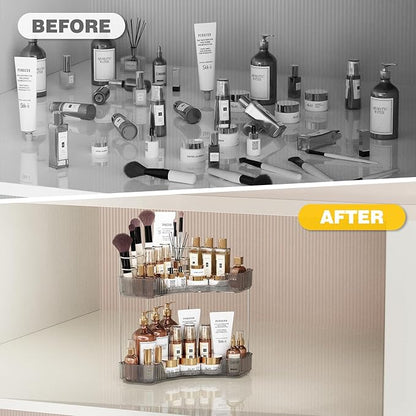 Asayuee 2-Tier Corner Bathroom Counter Organizer with Top Toothbrush Holders,Large Makeup Organizer Countertop with Brush Holder,Skincare Organizers Corner,Exquisite Vanity Organizer (Gray, 2 Tier)