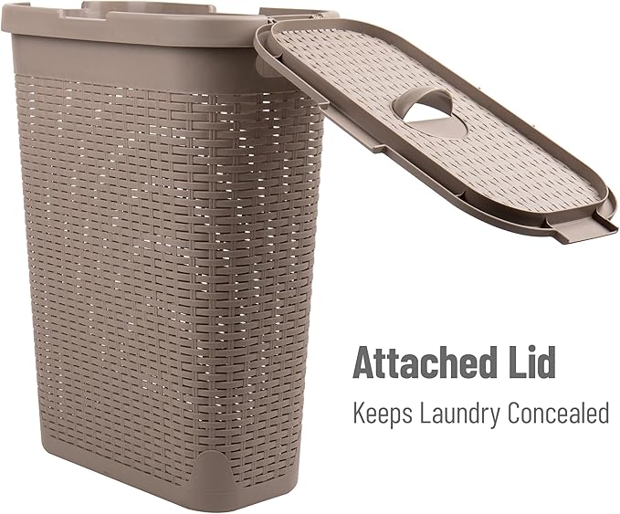 Mind Reader Slim Laundry Hamper with Lid, 40L Clothes Basket, Narrow Tapered Design with Ventilated Cutout Pattern, Plastic, Tan