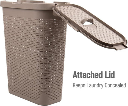 Mind Reader Slim Laundry Hamper with Lid, 40L Clothes Basket, Narrow Tapered Design with Ventilated Cutout Pattern, Plastic, Tan