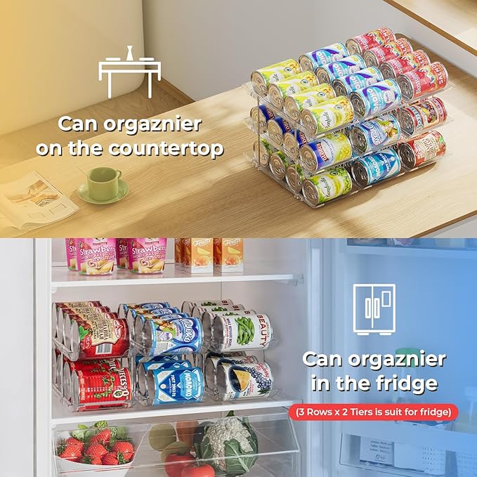 Can Organizer for Pantry Stackable 3 Tiers Can Storage Organizer Pantry Soda Can Organizer for Fridge 36 Cans Rack Automatic Rolling Canned Food Organizer for Refrigerator Kitchen Clear