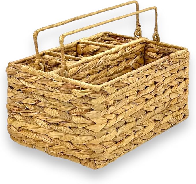 Large Wicker Utensil Caddy Carrier | Water hyacinth Woven Condiment Holder for Table - Kitchen Set Counter Top Organizer - Rustic Small Storage for Dinner Set, Wine