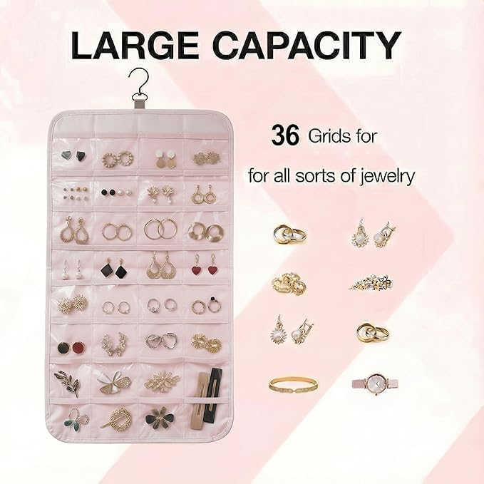 Hanging Jewelry Organizer, Dual-Sided Necklace Holder with Multiple Clear Pockets - Wall Mount & Over The Door Closet Storage for Earrings, Rings, Bracelets - 360° Rotating Hanger (1, pink, M)