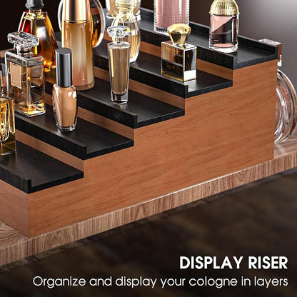 Sephyroth Cologne Organizer 5 Tier of Elegant Bamboo Perfume Organizer for Men with Hidden Storage and Practical Drawer, Perfect for Cologne Display & Gift (5T-WalnutBlack)