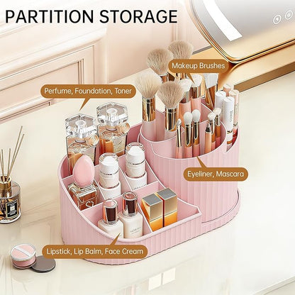 Anyoifax 360 Rotating Makeup Brush Holder Organizer with Divider 5 Slots Make Up Brushes Cup Flower-Shaped Spinning Pen Holder for Vanity, Cosmetics, Lipsticks, Pink