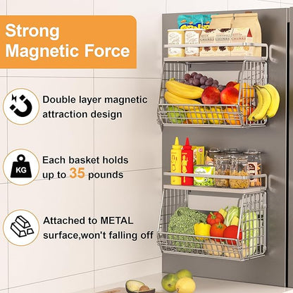 Wire Fruit Basket 2 IN 1 Magnetic & Hanging Wall Produce Basket with Spice Rack for Potato Onion Vegetable Storage for Pantry,Kitchen Countertop and Fridge Organizer