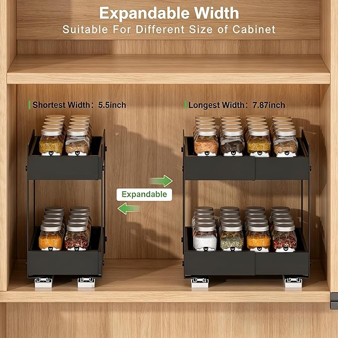 Across-Star Expandable Pull Out Spice Rack For Cabinet, 2-Tier No Drill Slide Out Drawers For Kitchen Cabinet with Adjustable Height, Metal Pullout Spice Holder Seasoning Shelf Inside Cabinet