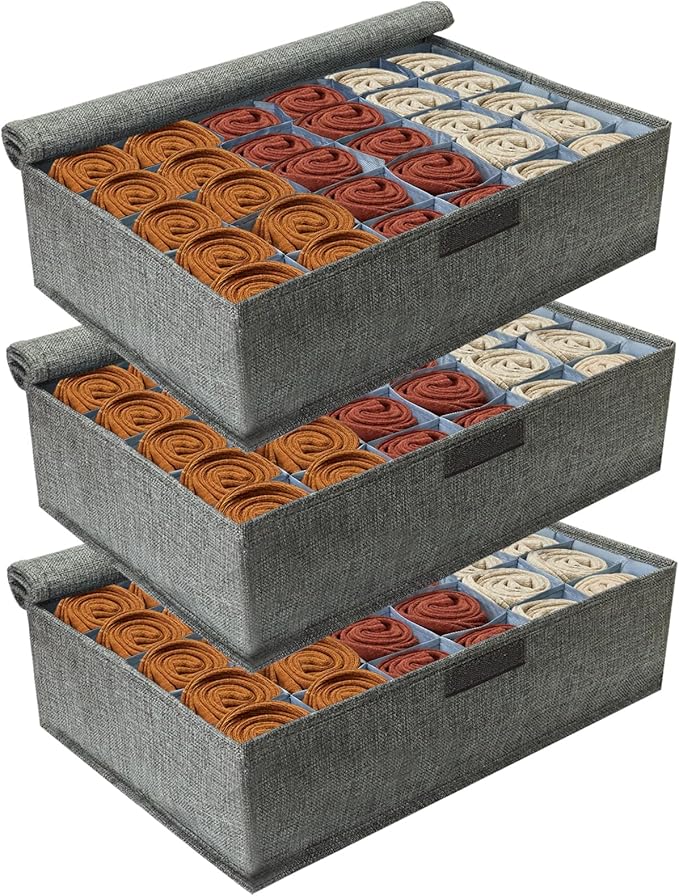 PINGMIC Gray Sock Organizer Divider 3 Pack with Lid - 30 Cell Foldable Closet Storage, Tie Organizer For Men Boxes for Socks, Ties, Belts