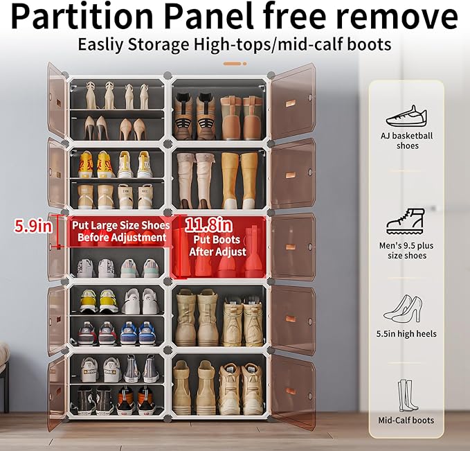 MAGINELS 6-Tier Shoe Rack,Expandable Plastic Shoe Cabinet. Shoe Storage with Door,Entryway, Closets, Hallway, and Bedroom.Accommodates Up to 24 Pairs of Shoes.Grey (3 by 6)