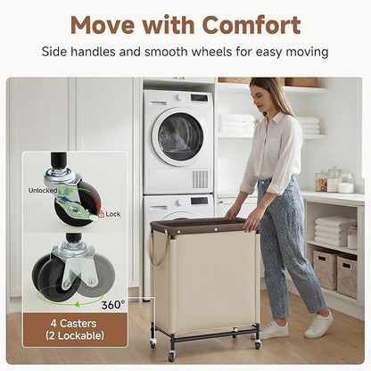 StorageWorks Laundry Hamper 2 Section, 100L Rolling Laundry Sorter Cart with Removable and Washable Liner Bag, Clothes Hamper with Wheels and Handle for Laundry Room and Bedroom, Light Khaki