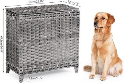 Laundry Hamper with 3 Removable Liner Bags; 132L Handwoven Rattan Laundry Basket with Lid & Heightened Feet; Clothes Hamper with Side Handles; Laundry Sorter with 3 Separate Sections