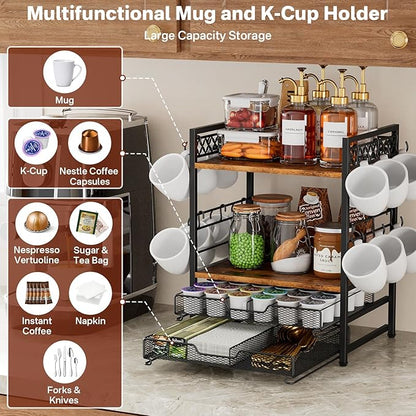 Plaviya Coffee Bar Station Organizer, 4 Tier K Cup Organizer Mug Holder with 12 Hooks, Coffee Pod Holder, Multifunctional Countertop Organizer for Kitchen