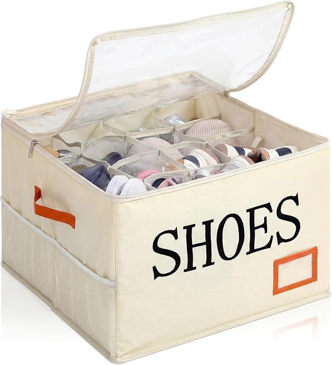 Amyhill Shoe Organizer for Closet Fits 16 Pairs Fabric Large Foldable Shoe Storage Box with Handles and Clear Cover Mesh Bags Printed SHOES Text for Closet Organizer Sneakers Heels Slippers