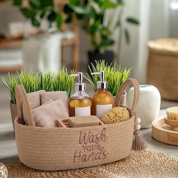 Wash Your Hands Bathroom Decoration Brown Cotton Rope Toilet Basket Toilet Paper Holder Basket Rustic Bathroom Organizer Farmhouse Home Decoration Organizing Small Baskets