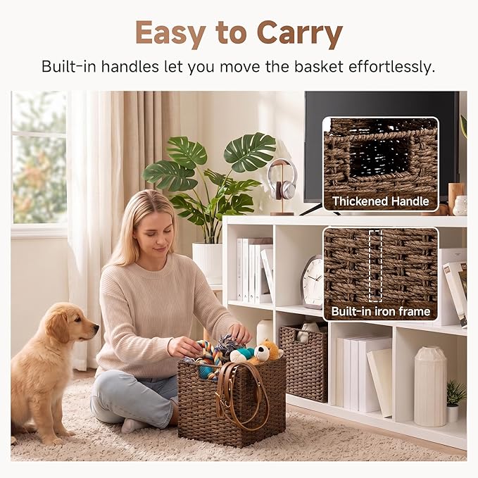 StorageWorks 11 inch Wicker Storage Cubes, Handwoven Cube Storage Bin, Square Cubes Basket, Foldable Paper Rope Basket for Organizing, Brown, 2 Pack