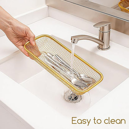 4 Pcs Gold Kitchen Drawer Organizer, Stainless Steel Silverware Container, Stackable Mesh Storage Baskets, Gold Utensil Holder for Holding Knife, Fork, Spoon, 12 x 5 x 2 Inch