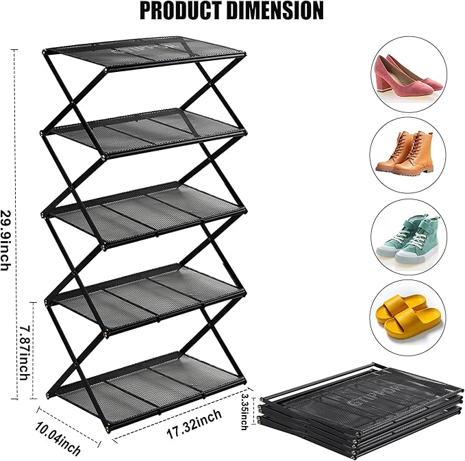 Shoe Rack for Entryway 5 Tier Foldable Shoe Rack Without Assembly Collapsible Metal Shoe Organizer Folding Shoe Storage Rack for Door, Living Room, Black