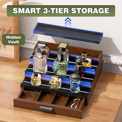 Perfume Cologne Organizer for Men: with LED Light 4 Tier Wooden Perfumes Stand, Desktop Parfum Holder Wood Display Shelf with Cabinet, Bedroom Makeup Lotion Jewelry Storage Rack with Drawer
