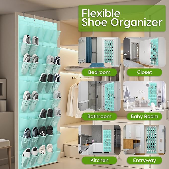 Over the Door Shoe Organizer with 40 Large Breathable Mesh Pockets, Space Saving Shoe Holder, Hanging Shoe Rack for Entryway Bedroom Closet Storage (Mint Blue, 40 Pockets)