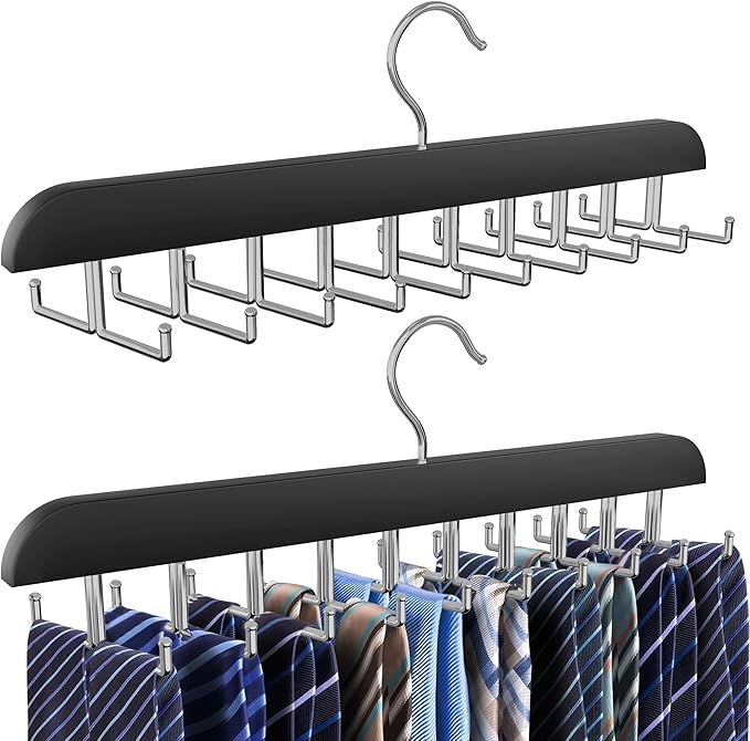 Tie Rack Hanger for Closet, 2 in 1 Belt Tie Hangers with 20 Folding Hooks, 360 Degree Rotating Wooden Tie Holder Organizer for Men Ties Belts Scarves Tank Tops Accessories, Black (2 Pack)