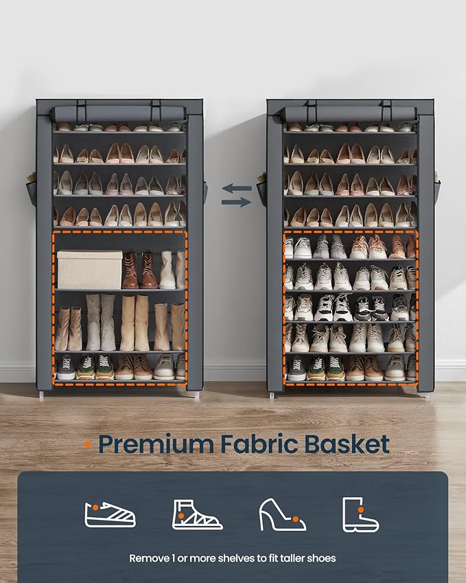 SONGMICS HOME Shoe Rack 10-Tier, Tall Narrow Metal Shoe Organizer with Dust Cover, 11.2 x 33.3 x 63.2 Inches, Vertical Storage Cabinet for Closet Entryway, Gray