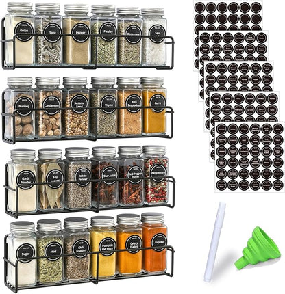VITEVER Magnetic Spice Rack, 4 Pack, 24 Square Glass Jars with Lids, Quick-Find Pre-Printed Labels, Funnel, Space Saver, Refrigerator and Microwave Oven Organizer