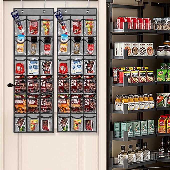 2 Pack Over the Door Pantry Organizer Hanging Seasoning Packet Storage Wall Mount Spice Holder for Kitchen Snack Food Tea Bag (Grey)
