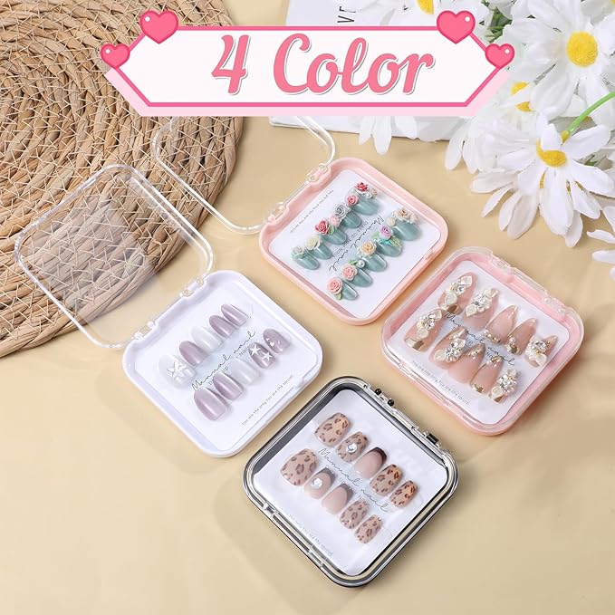 4 Pcs Press On Nail Storage Box with 30Pcs Adhesive Double Sided Tape and 8 Pcs Cards, Press on Nails Packaging, Acrylic Nails Display Box, Nail-Box Organizer for Nail Salon (4 Colors)