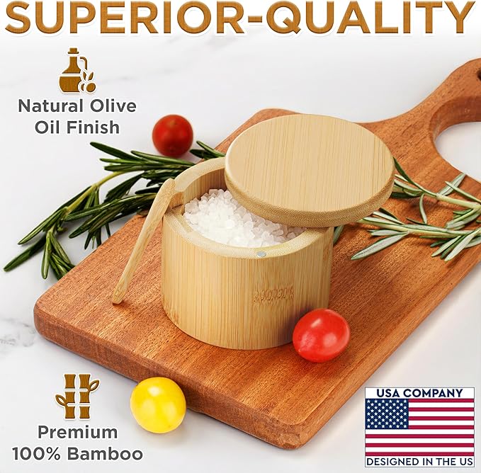 Salt Jar with Lid and Spoon - Sea Salt Flake Holder - Bamboo Cellar with Magnetic Swivel Lid & Built In Spoon Slot - Spice Container Storage Box for Countertop - Pepper Crock