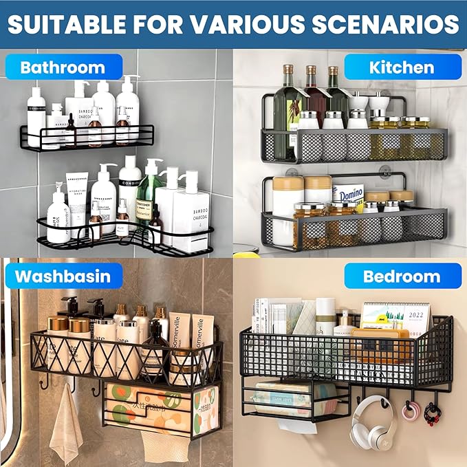 4 Pack Shower Caddy Adhesive Replacement, Shower Shelf Strong Adhesive Hooks, No Drilling, Transparent WaterProof Strips for Bathroom Shelves & Kitchen Racks