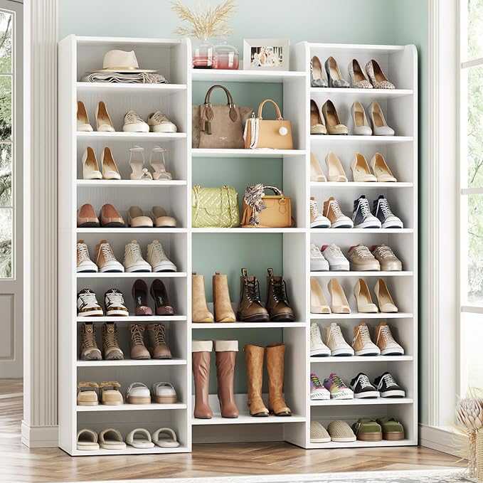 Unikito 14-Tier Shoe Cabinet, Wood Shoe Storage Organizer for Entryway, Freestanding Shoe Rack Cabinet with 22 Open Cubbies for Front Door Entrance, Living Room, Hallway, Bedroom, White