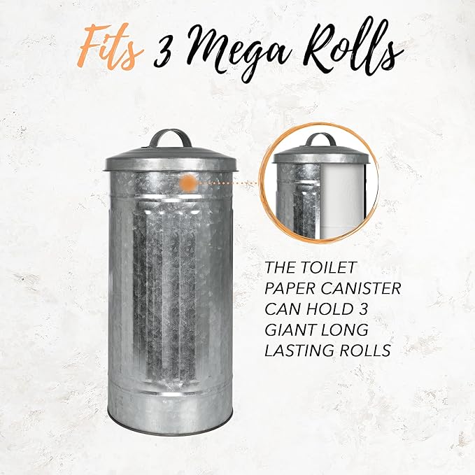 Autumn Alley Farmhouse Galvanized Metal Free Standing Toilet Paper Holder Organizer Stand Canister with Lid – Fits 3 Mega Rolls, Rustic Enclosed Toilet Storage Stand