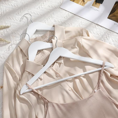 Wooden Colthes Hangers, Nature Color with Shoulder Notches Suitable for Slip Dresses,Shirts, Blouses,Coats,360° Rotating Silver Hook Solid Wood Hanger 20 Pack (White)