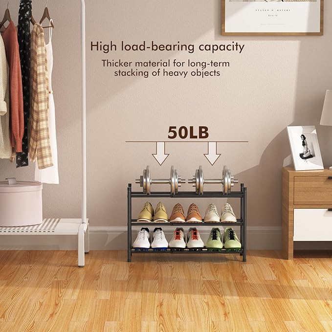 Uneviesyka Expandable Shoe Rack, 3 Tier Shoe Rack for Closet, Stackable Adjustable Standing Metal Shoe Shelf Organizer Storage, Small Shoe Racks for Front Door Entrance、Entryway(Black)