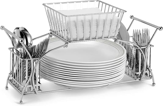 Sorbus Utensil Caddy — Use For Napkin, Cutlery, Plate Holder — Stackable Flatware Caddy, Tabletop Organizer — Ideal for Dining Table, Party, Buffet, Kitchen, Entertaining (Silver)