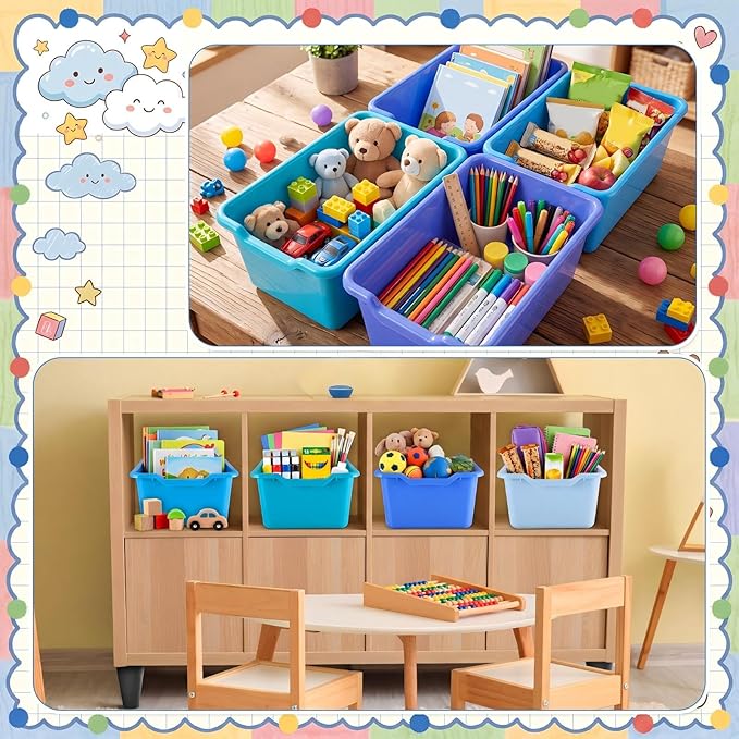 Dandat 16 Pcs Plastic Book Bins for Classroom Library Cubby Bins Scoop Front Stackable Toy Storage Tubs Containers for School Office Home Nursery Playroom Organization (Blue Series)