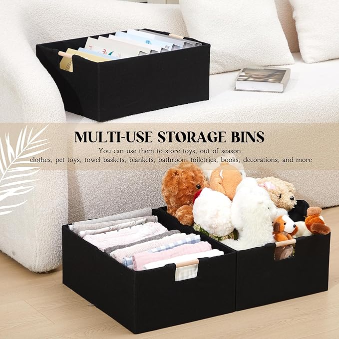 Cinnvoice 3 Pack Fabric Storage Bins for Closet Shelves, Rectangle Wardrobe Organizer with Handle, Collapsible Shelves Storage Basket for Sorting Clothes and Toy (Black,16.5 x 12.2 x 6.7 Inch)