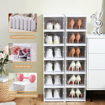 ZLLZUU Shoe Storage Box, No-Assembly 6 Tiers Foldable Shoe Organizer with Clear Door, Space-saving Shoe Rack，Sturdy Clear Plastic Stackable Sneaker Container