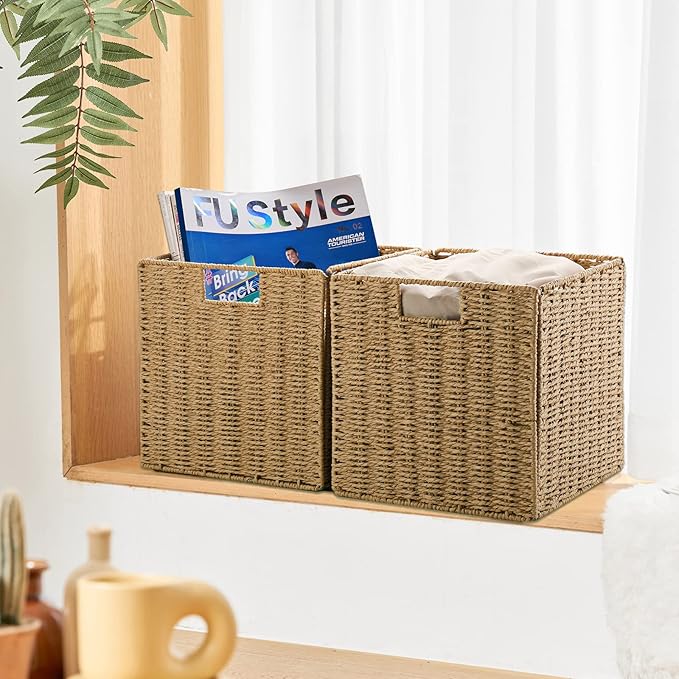 Vagusicc Wicker Storage Basket, Set of 2 Hand-Woven Storage Baskets for Shelves with Handles Foldable Cube Storage Baskets Bins, 9 inch Wicker Baskets for Pantry Bedroom Organizer &Decor, Natural