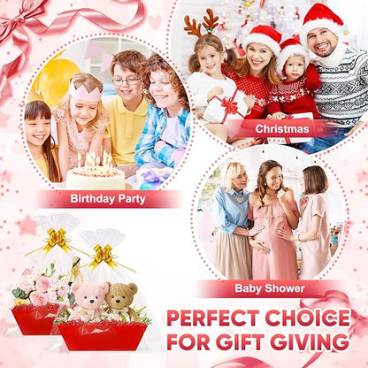 5 Pack Baskets For Gifts Empty, 10x12” Red Gift Basket Kit with Clear Bags Gold Bows 200g Crinkle Cut Paper Empty Gift Baskets to Fill Large Gift Baskets for Christmas, Birthdays, Holidays, Weddings