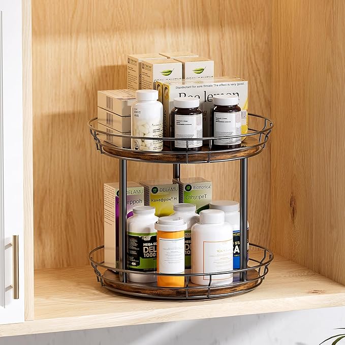 LAMU 12'' Lazy Susan Turntable Organizer, 2 Tier Round Rotating Spice Rack Organization for Kitchen Cabinet and Countertop, Wooden Lazy Susan for Table Top, Pantry, Bathroom, Vanity, Home Decor