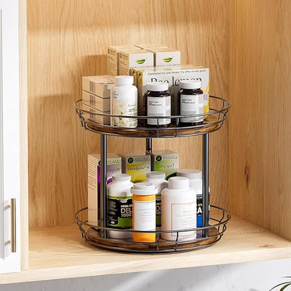 LAMU 12'' Lazy Susan Turntable Organizer, 2 Tier Round Rotating Spice Rack Organization for Kitchen Cabinet and Countertop, Wooden Lazy Susan for Table Top, Pantry, Bathroom, Vanity, Home Decor