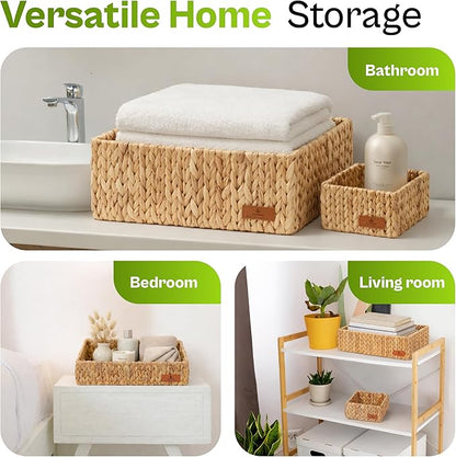 Water Hyacinth Storage Baskets Set of 3, Woven Shelf Baskets, Rectangular Open Top Wicker Pantry & Closet Organizer Bins for Bathroom, Countertop & Home Organization