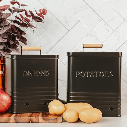 ZICOTO Beautiful Potato and Onion Storage Container Set, 10.1" & 8.9" - Perfectly Sized Spacious Canisters For Your Kitchen Counter Or Pantry - Food Safe Metal Bins Keep Produce Fresh Longer
