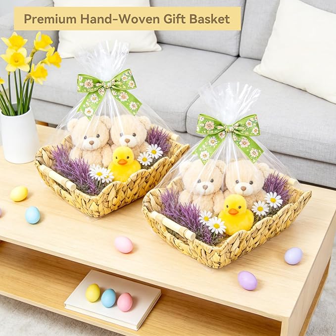 2Pack Scalloped Edge Wicker Basket,Hand-Woven Rattan Baskets with Wooden Handles,Natural Water Hyacinth Basket for Laundry,Shelves,Gift Basket