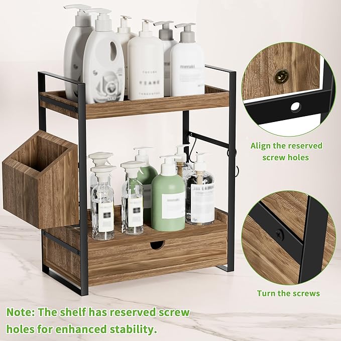 Kottwca 2-Tier Bathroom Counter Organizer with Drawer, Basket & Hooks, Wooden Vanity Shelf for Skincare, Perfume & Makeup Storage(Dark Brown)