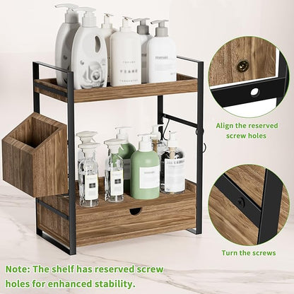 Kottwca 2-Tier Bathroom Counter Organizer with Drawer, Basket & Hooks, Wooden Vanity Shelf for Skincare, Perfume & Makeup Storage(Dark Brown)