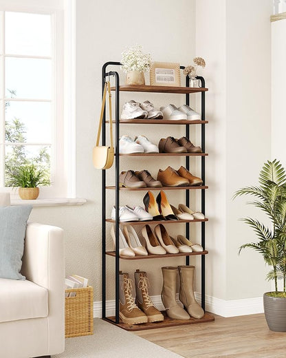 Hzuaneri 8 Tiers Widened Vertical Shoe Rack, Narrow Shoe Tower, Tall Shoes Shelf with 2 Hooks, Adjustable Shelves, Corner Shoes Shelves for Small Spaces, Entryway, Living Room, Rustic Brown SR12501B