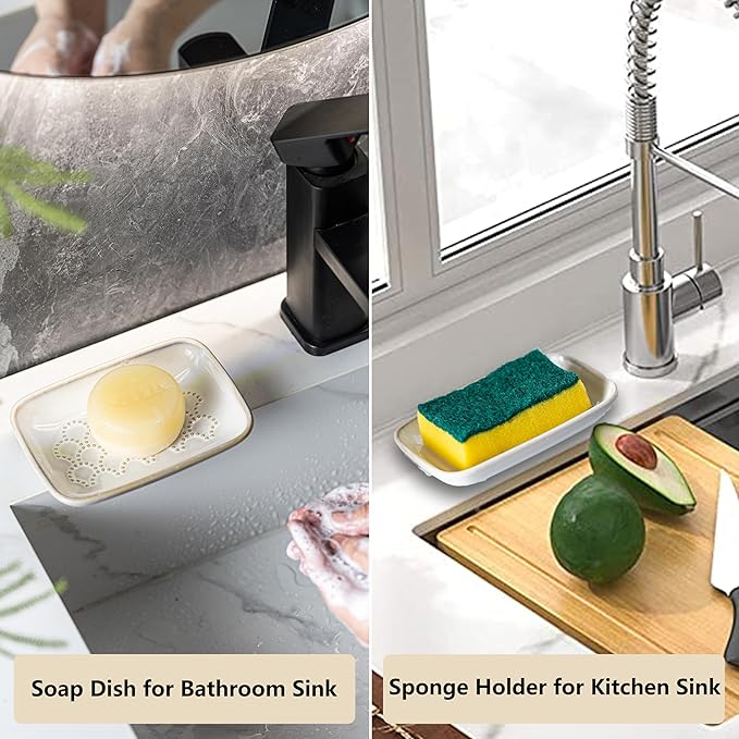 Gomakren Ceramic Soap Dish with Raised Scalloped Design, Versatile Soap Holder & Tray for Bathroom and Kitchen Sink, Prevents Soggy Soap, Rustic Modern Decor, Easy to Clean, Beige (5.59" x 4.02")