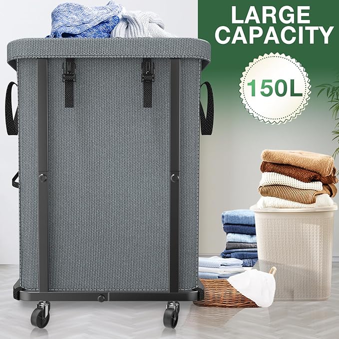 40 Gal(150L) High Grade Large Laundry Basket with Wheels, Rolling Laundry Hamper, Laundry Cart with Metal Frame and Removable Bag Design, Suitable for Laundry Room, Bedroom