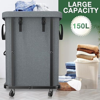 40 Gal(150L) High Grade Large Laundry Basket with Wheels, Rolling Laundry Hamper, Laundry Cart with Metal Frame and Removable Bag Design, Suitable for Laundry Room, Bedroom